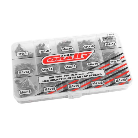 Team Corally - Screw Set M4 - Hex Flat Head - DIN 7991 - Steel Black - 10.9 Grade - 15 Sizes - 265 pcs