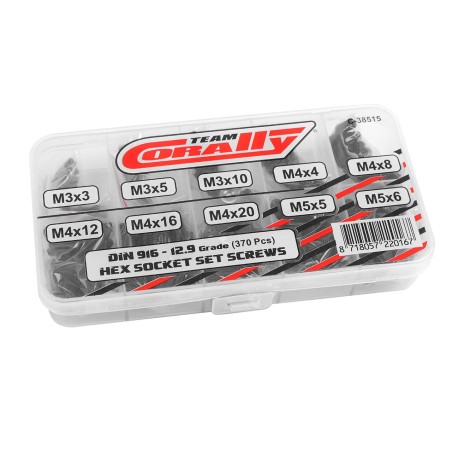 Team Corally - Jeu de vis - Vis sans tête - M3 - M4 - M5 - DIN 916 - Acier noir - Grade 12.9 - 10 tailles - 370 pièces