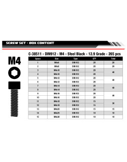 Jeu de vis M4 - Tête hexagonale creuse - DIN912 - Acier noir - Classe 12.9 - 15 tailles - 265 pièces