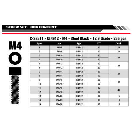 Jeu de vis M4 - Tête hexagonale creuse - DIN912 - Acier noir - Classe 12.9 - 15 tailles - 265 pièces